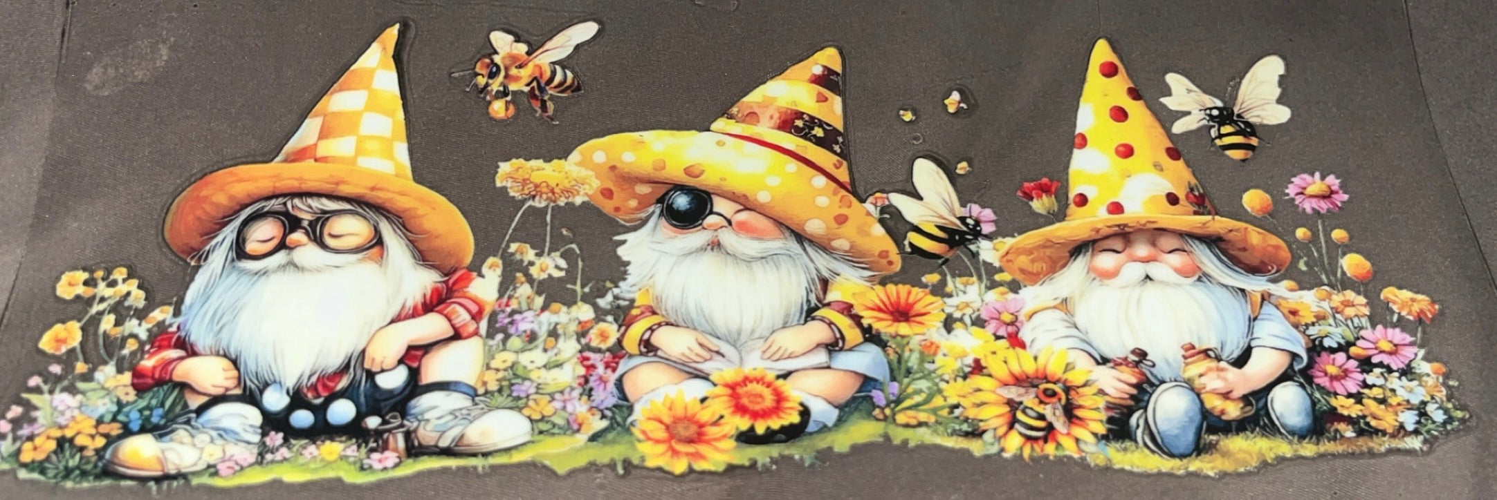 3 Yellow Gnomes with butterfly's and flowers