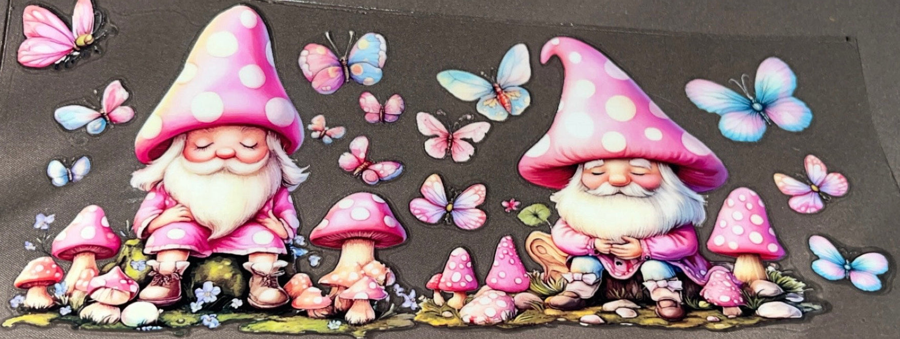 Pink Gnome  with butterfly's and mushrooms