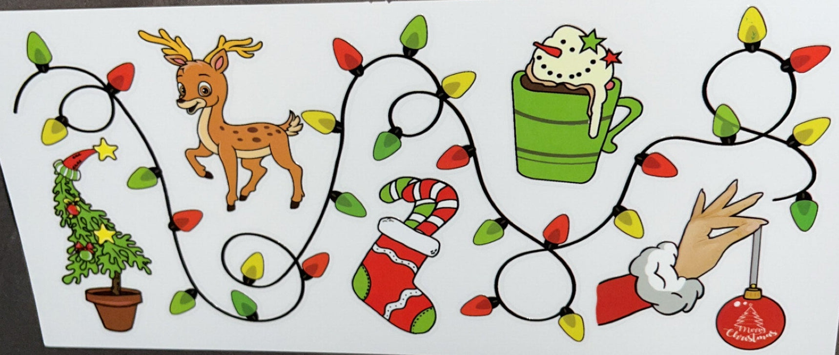 Christmas lights, stocking, reindeer