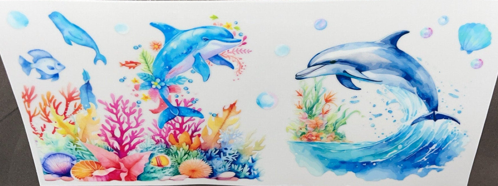 Dolphins with coral and waves